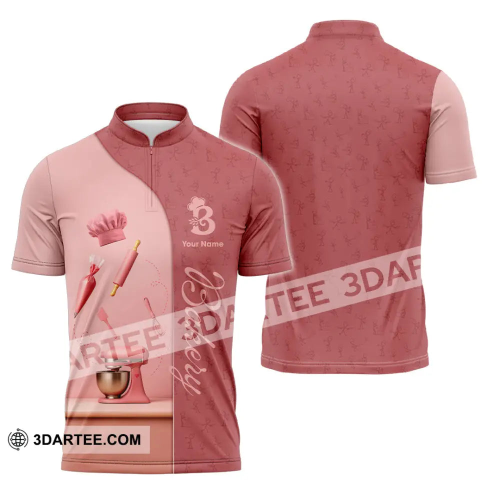 Unisex Shirt - Custom Bakery Pink Cute Shirt Zipper Polo Shirt / S T-shirt