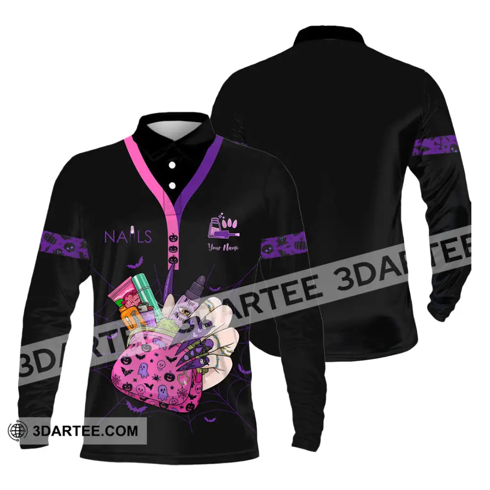 Unisex Shirt - Custom Halloween Nails Artist Shirt Long Sleeve Polo / S T-shirt
