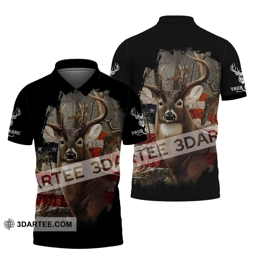 Unisex Shirt - Custom Name 3D America Deer Polo / S T-Shirt