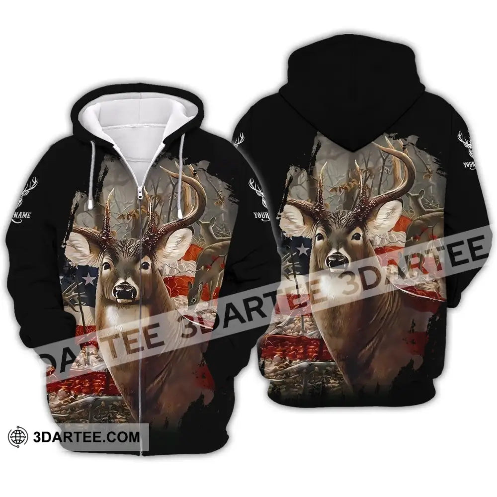 Unisex Shirt - Custom Name 3D America Deer Zipper Hoodie / S T-Shirt