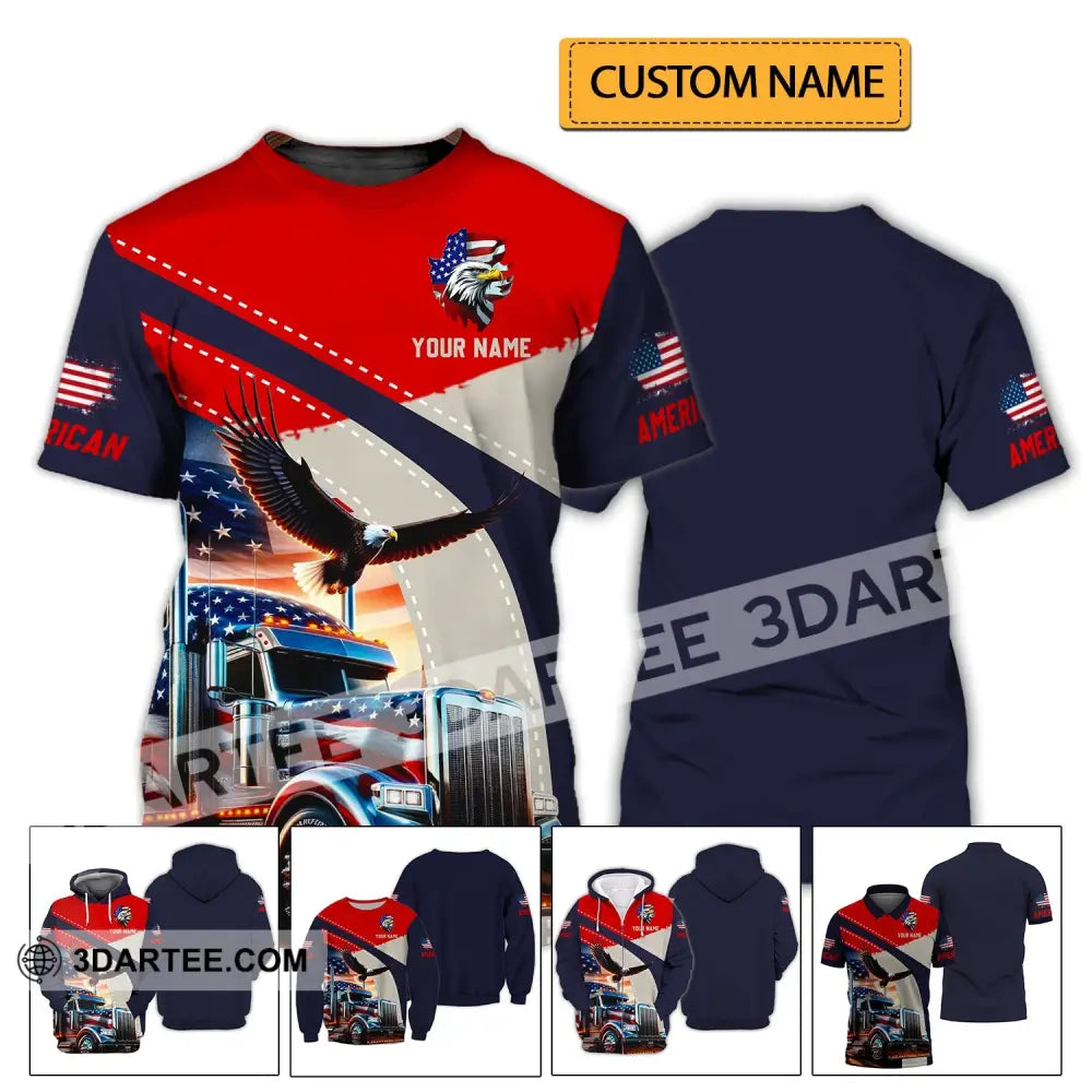 Unisex Shirt - Custom Name 3D Eagle Truck America Flag Color T-Shirt