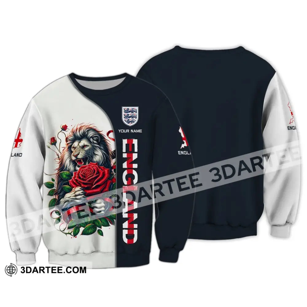 Unisex Shirt - Custom Name 3D England Map Red Rose Lion Long Sleeve / S T-Shirt