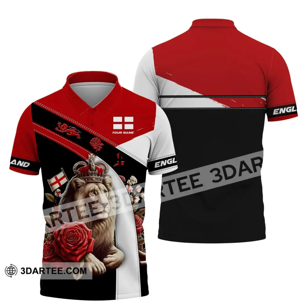 Unisex Shirt - Custom Name 3D England Red Rose Lion Polo / S T-Shirt