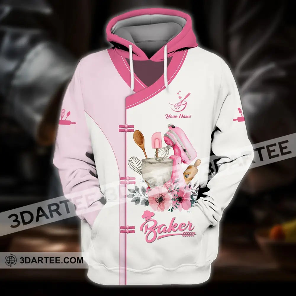 Unisex Shirt - Custom Name 3D For Baker Making Cake Light Pink Flowers Hoodie / S T-Shirt