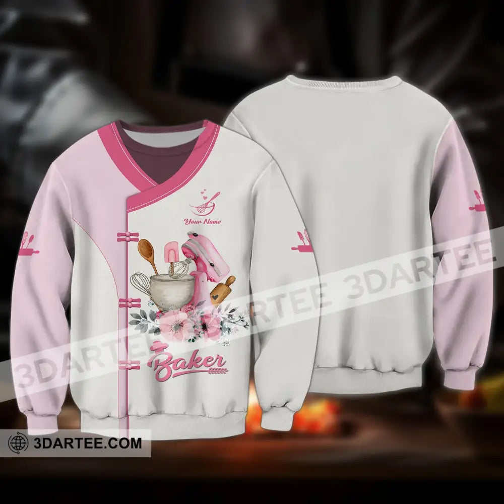 Unisex Shirt - Custom Name 3D For Baker Making Cake Light Pink Flowers Long Sleeve / S T-Shirt