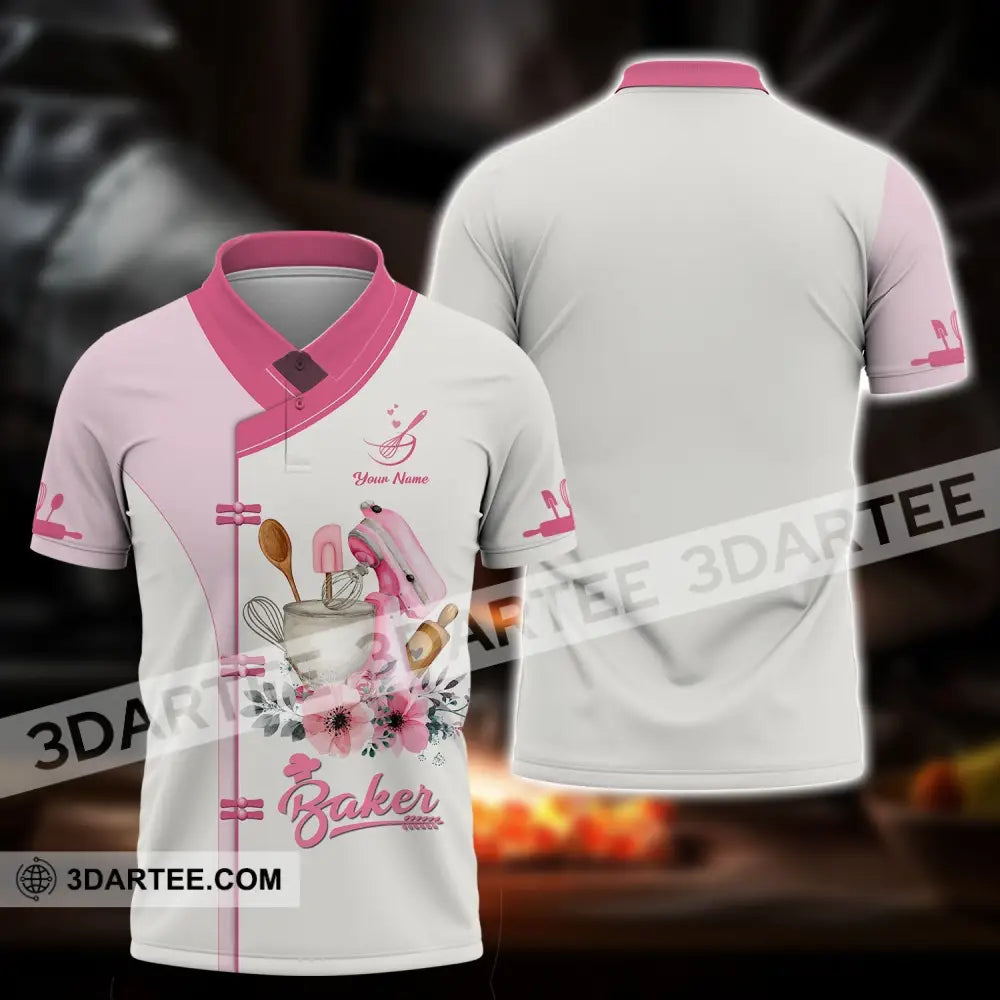 Unisex Shirt - Custom Name 3D For Baker Making Cake Light Pink Flowers Polo / S T-Shirt