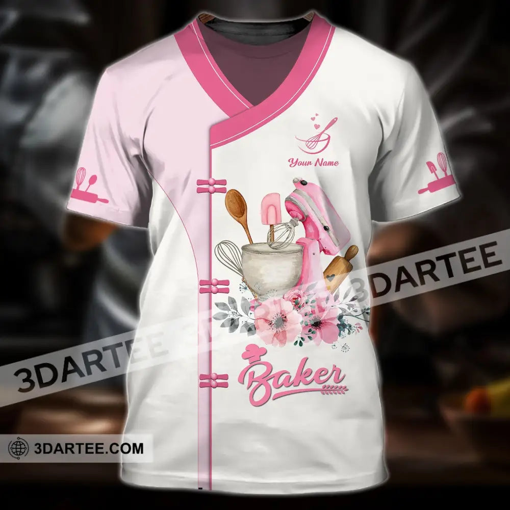 Unisex Shirt - Custom Name 3D For Baker Making Cake Light Pink Flowers T-Shirt / S T-Shirt