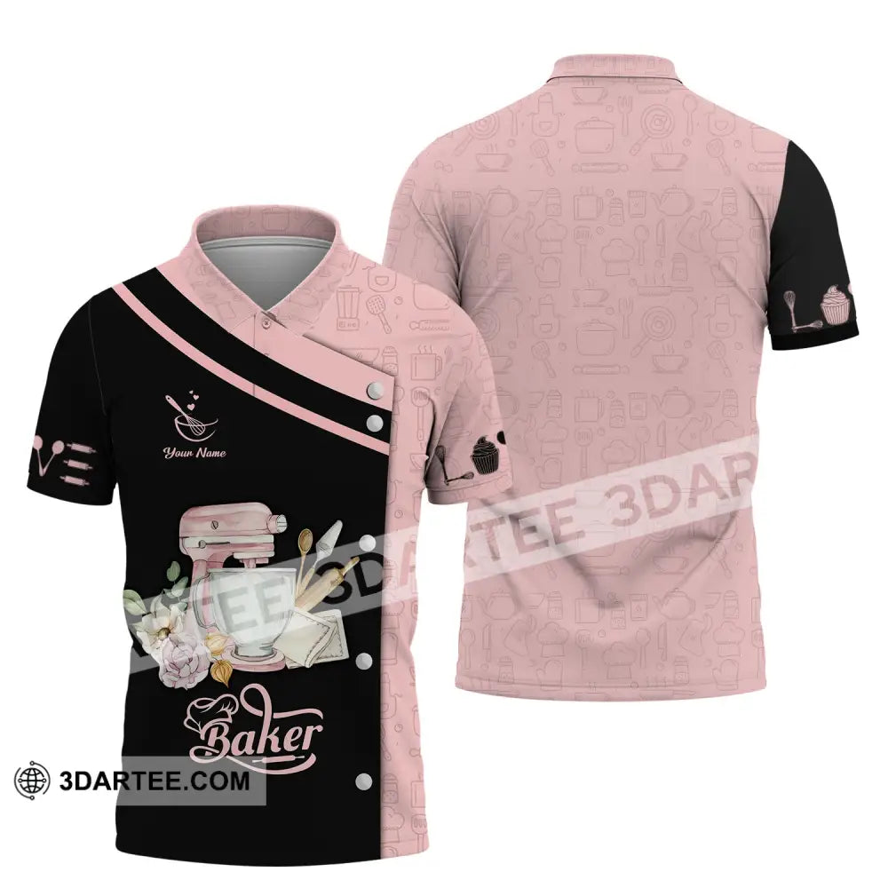 Unisex Shirt - Custom Name 3D For Baker Making Cake Pink And Back Polo / S T-Shirt