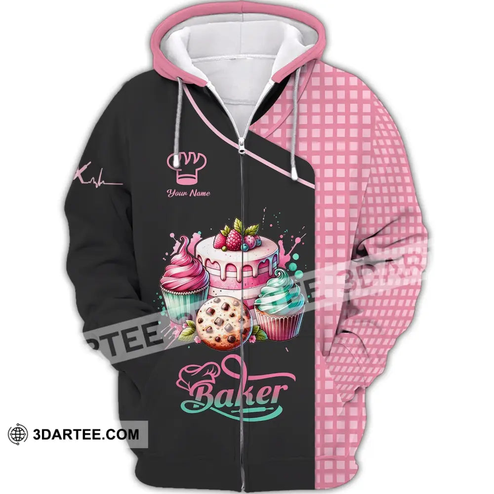 Unisex Shirt - Custom Name 3D Sweet Cake For Baker Zipper Hoodie / S T-Shirt