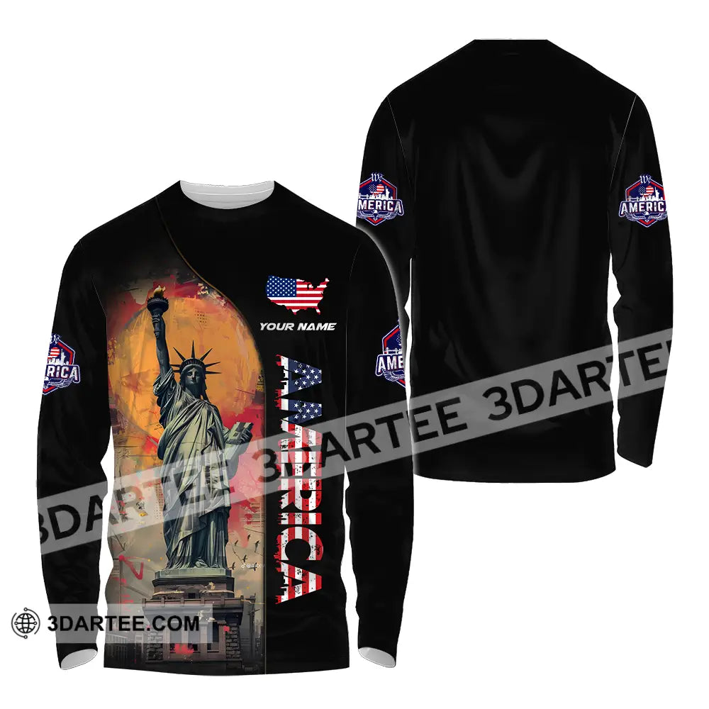 Unisex Shirt - Custom Name America Flag Color Long Sleeve / S T-Shirt