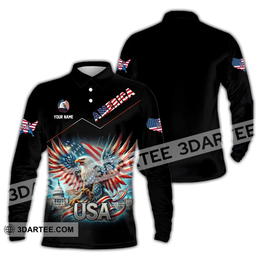 Unisex Shirt Custom Name America Love Eagle Polo Long Sleeve Gift / S T-Shirt