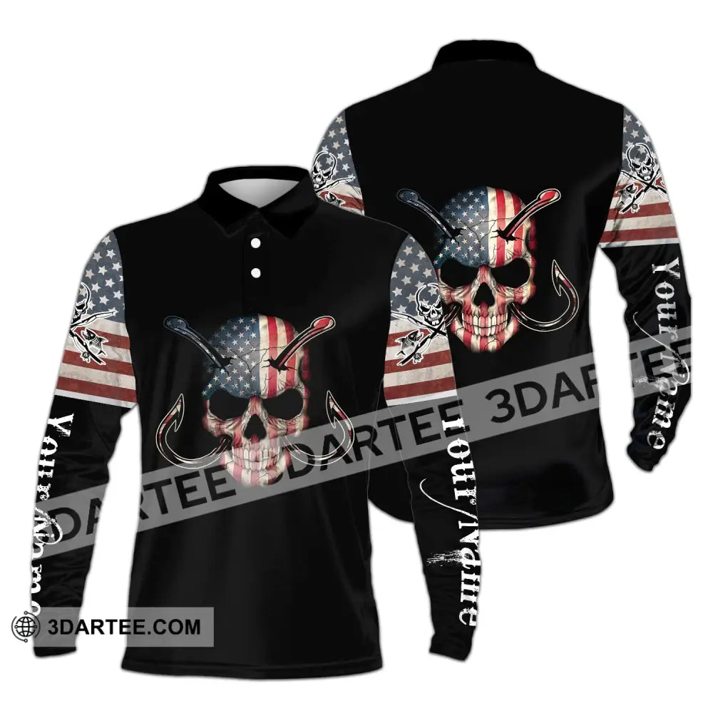 Unisex Shirt - Custom Name America Skull Fishing Long Sleeve Polo / S T-Shirt