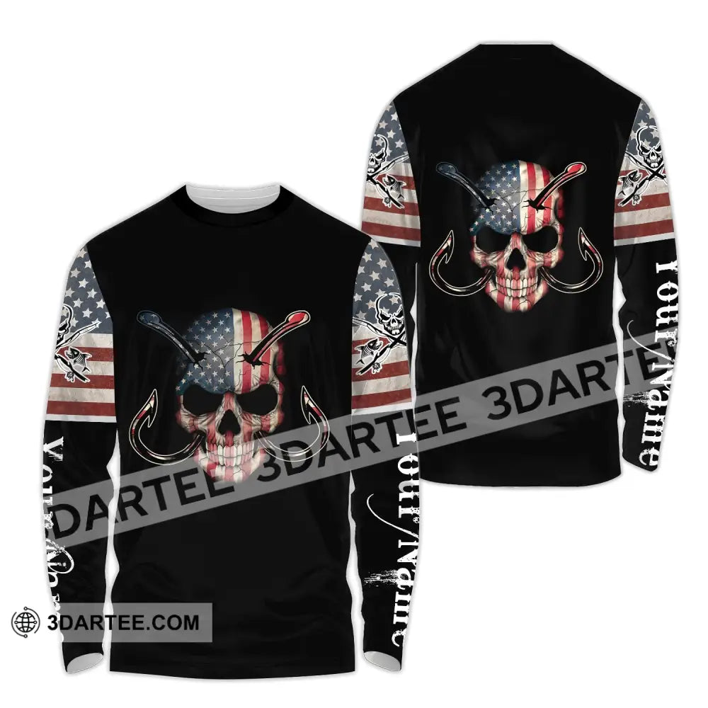 Unisex Shirt - Custom Name America Skull Fishing Long Sleeve / S T-Shirt