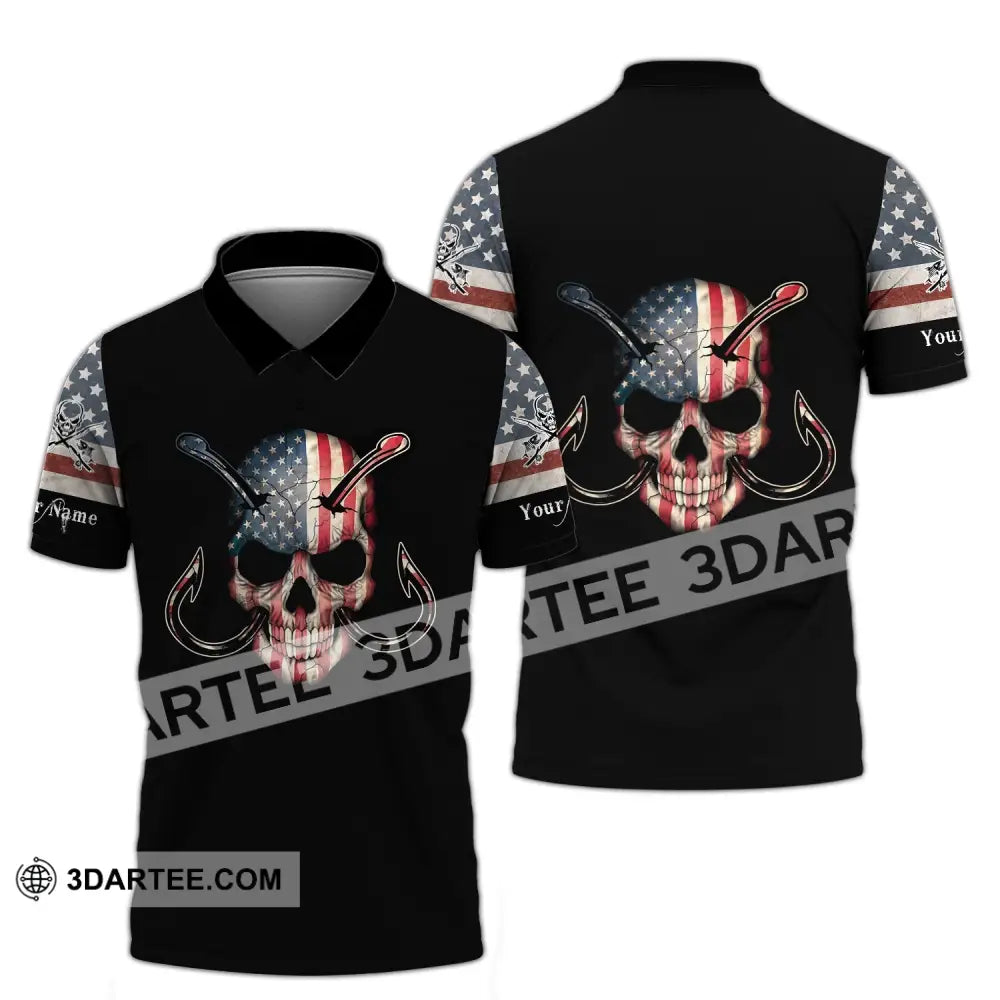 Unisex Shirt - Custom Name America Skull Fishing Polo / S T-Shirt