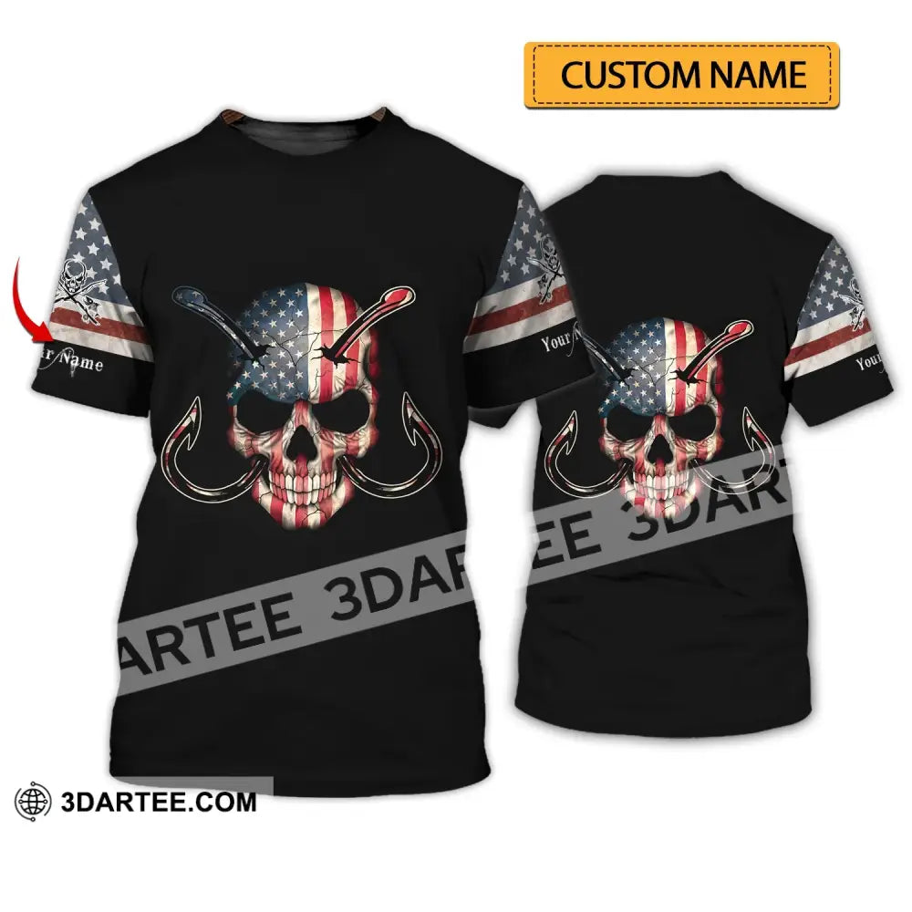 Unisex Shirt - Custom Name America Skull Fishing T-Shirt