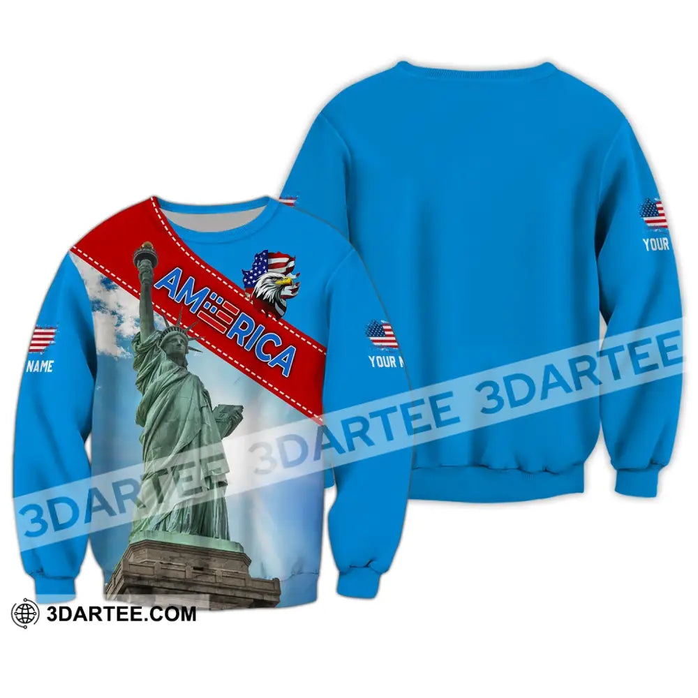 Unisex Shirt - Custom Name American Statue Of Liberty Sky Color Long Sleeve / S T-Shirt