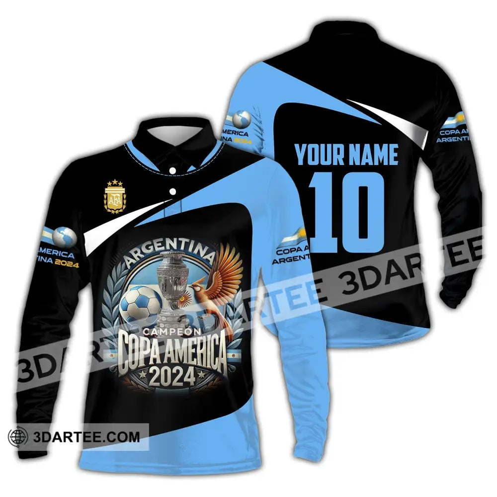 Unisex Shirt Custom Name And Number Argentina Football Polo Copa 2024 Hoodie Long Sleeve / S T-Shirt