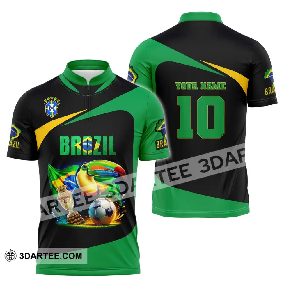 Unisex Shirt Custom Name And Number Brazil Football Euro 2024 Polo Long Sleeve Zipper / S T-Shirt