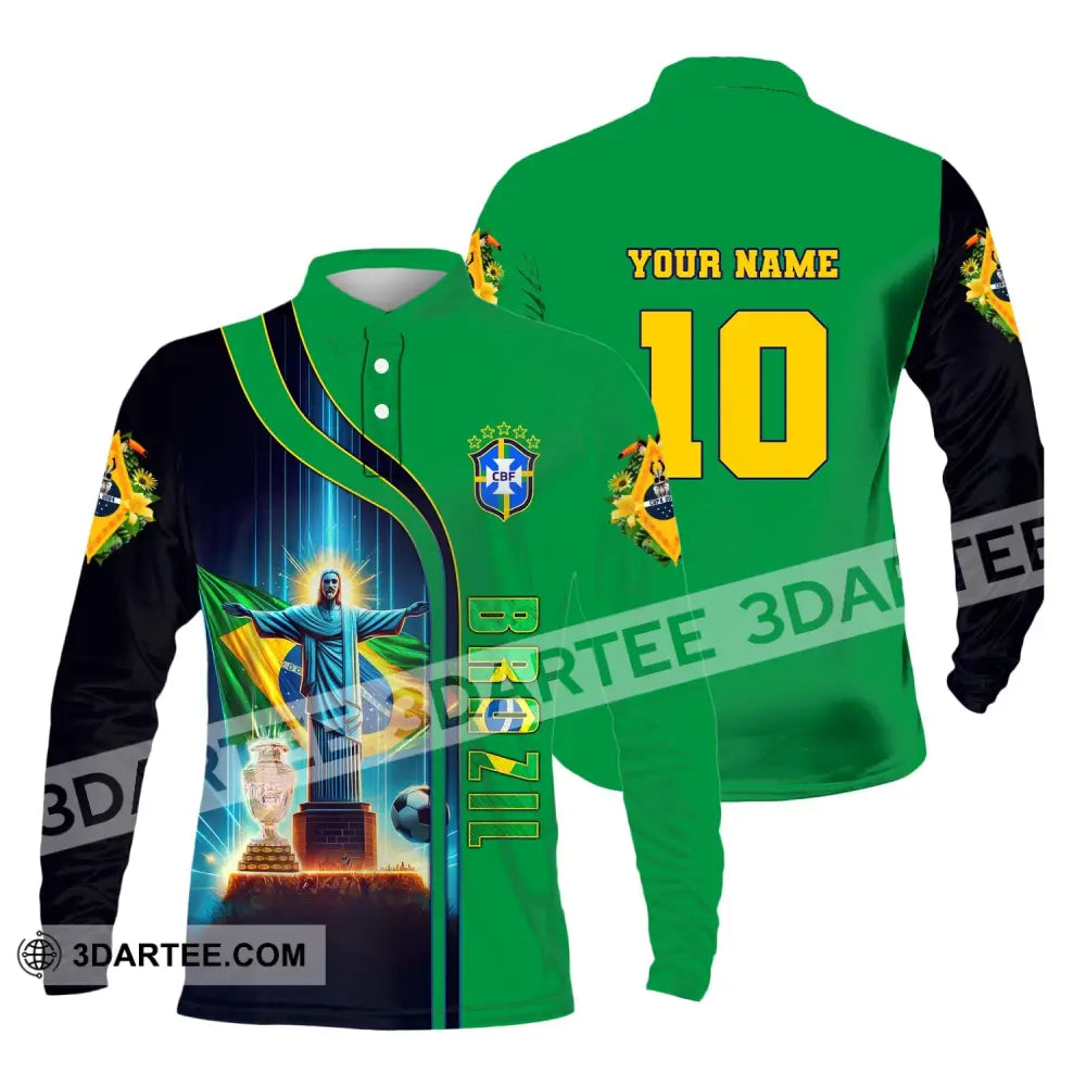 Unisex Shirt Custom Name And Number Brazil Football T-Shirt Euro 2024 Polo Long Sleeve / S