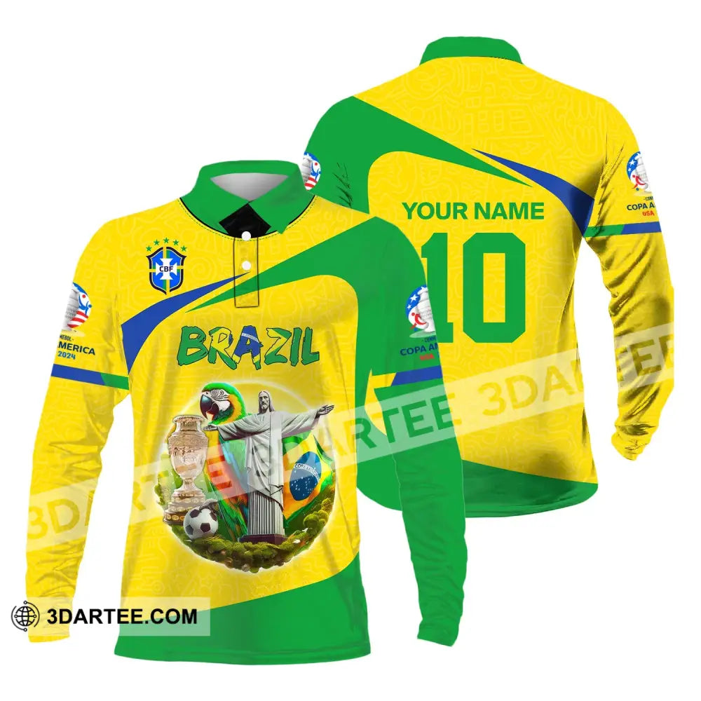 Unisex Shirt Custom Name And Number Brazil Football T-Shirt Euro 2024 Polo Long Sleeve / S