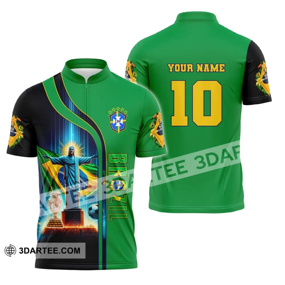 Unisex Shirt Custom Name And Number Brazil Football T-Shirt Euro 2024 Polo Long Sleeve Zipper / S