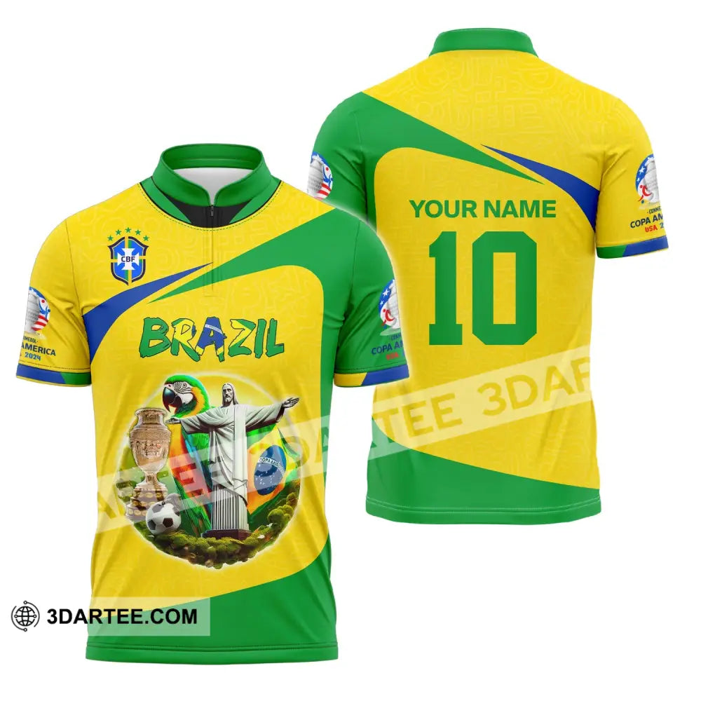 Unisex Shirt Custom Name And Number Brazil Football T-Shirt Euro 2024 Polo Long Sleeve Zipper / S