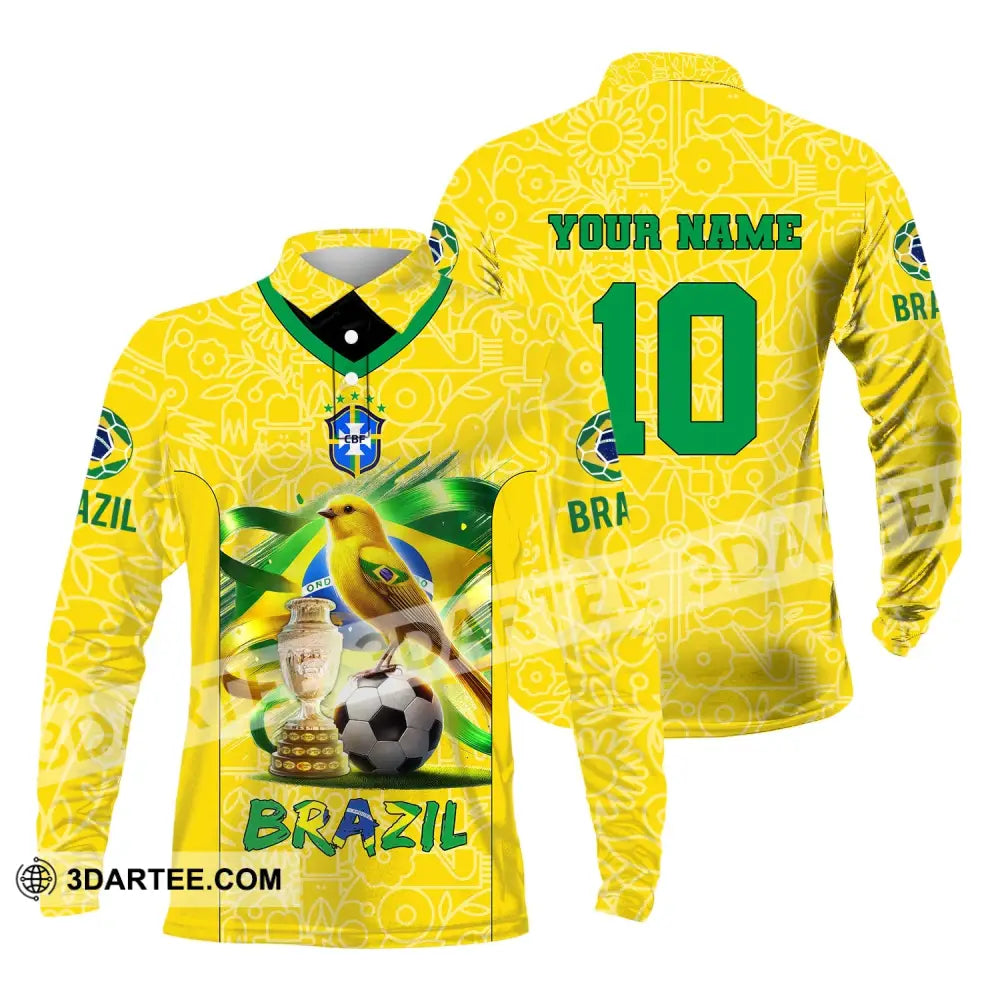 Unisex Shirt Custom Name And Number Brazil Football T-Shirt Polo Long Sleeve / S