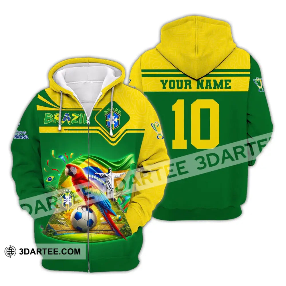 Unisex Shirt Custom Name And Number Brazil Football T-Shirt Polo Long Sleeve Zipper Hoodie / S