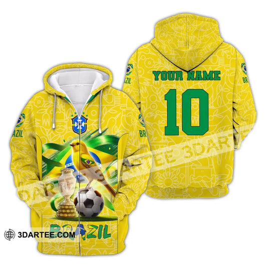 Unisex Shirt Custom Name And Number Brazil Football T-Shirt Polo Long Sleeve Zipper Hoodie / S