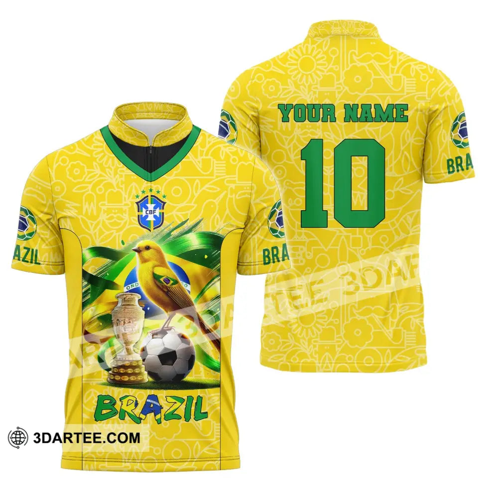 Unisex Shirt Custom Name And Number Brazil Football T-Shirt Polo Long Sleeve Zipper / S