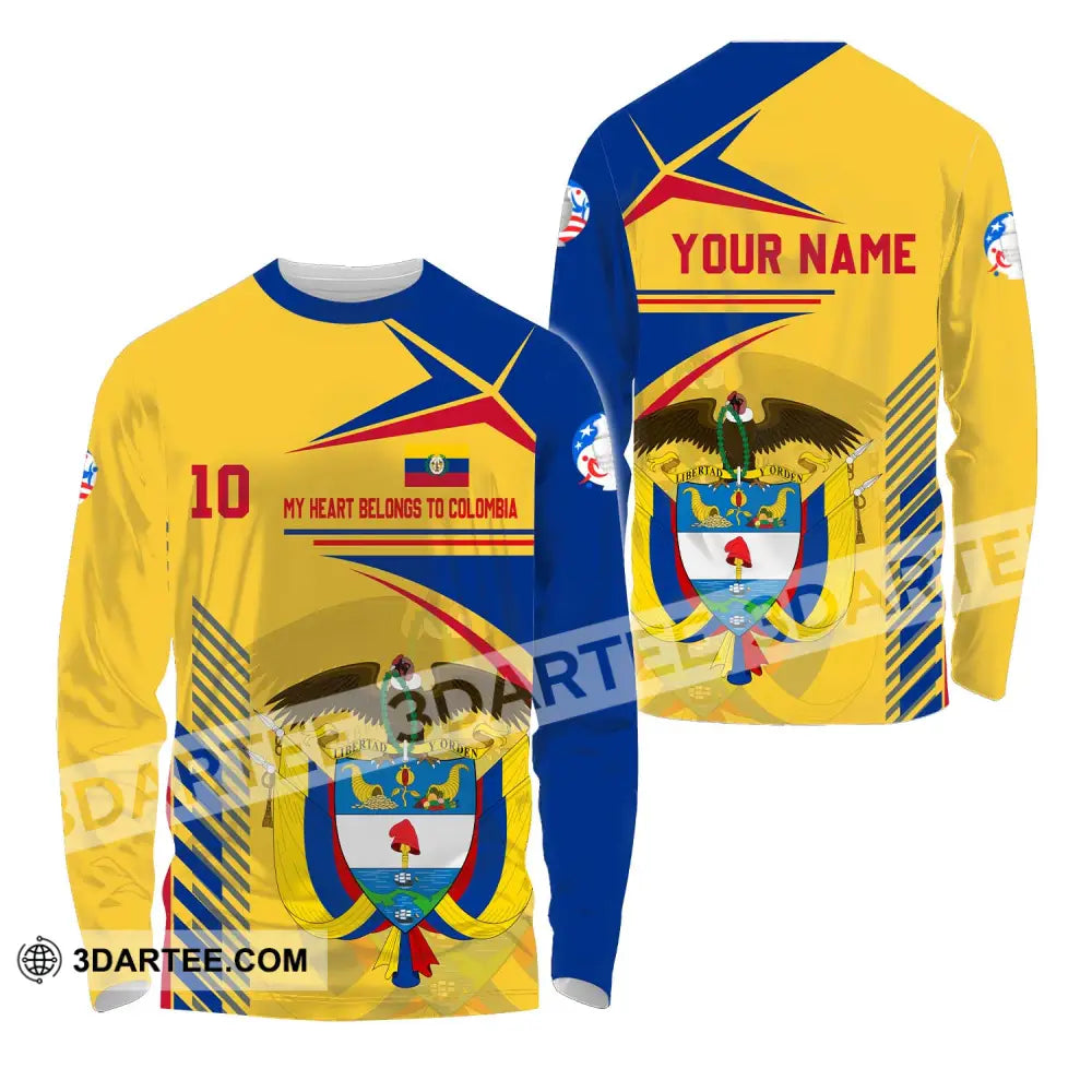 Unisex Shirt - Custom Name And Number Copa America Shirt Golden My Heart Belongs To Colombia Long Sleeve Shirt / S