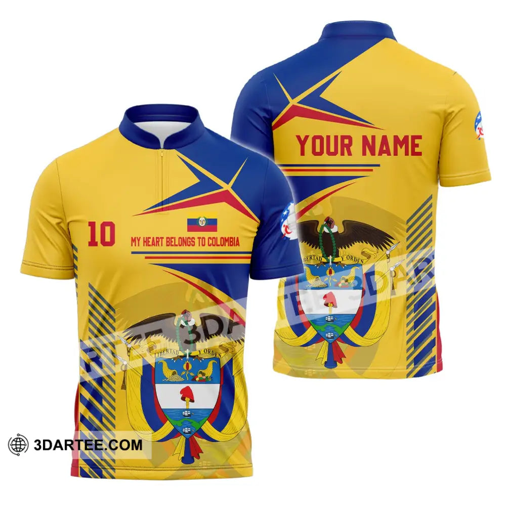 Unisex Shirt - Custom Name And Number Copa America Shirt Golden My Heart Belongs To Colombia Zipper Polo Shirt / S