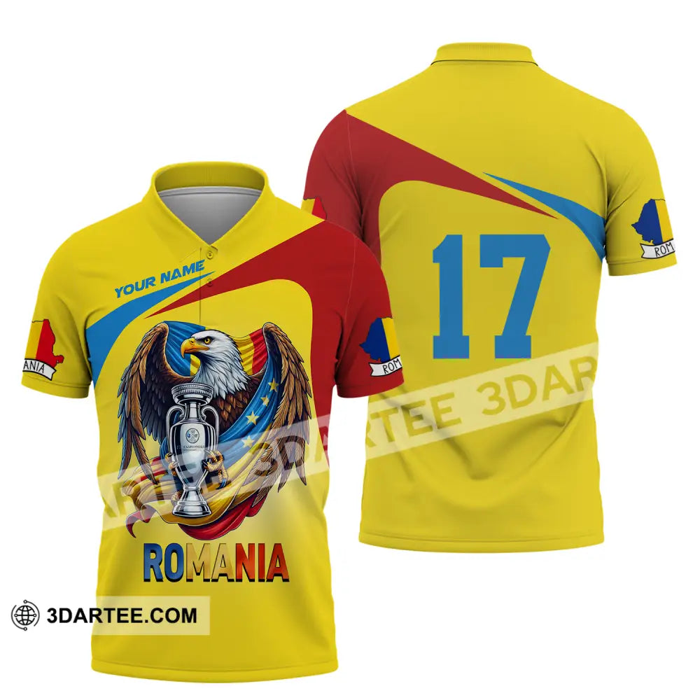 Unisex Shirt - Custom Name And Number Euro 2024 Cup Romania Gold Polo / S T-Shirt