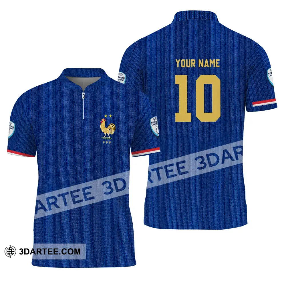 Unisex Shirt - Custom Name And Number Euro 2024 France National Team Blue Zipper Polo / S T-Shirt