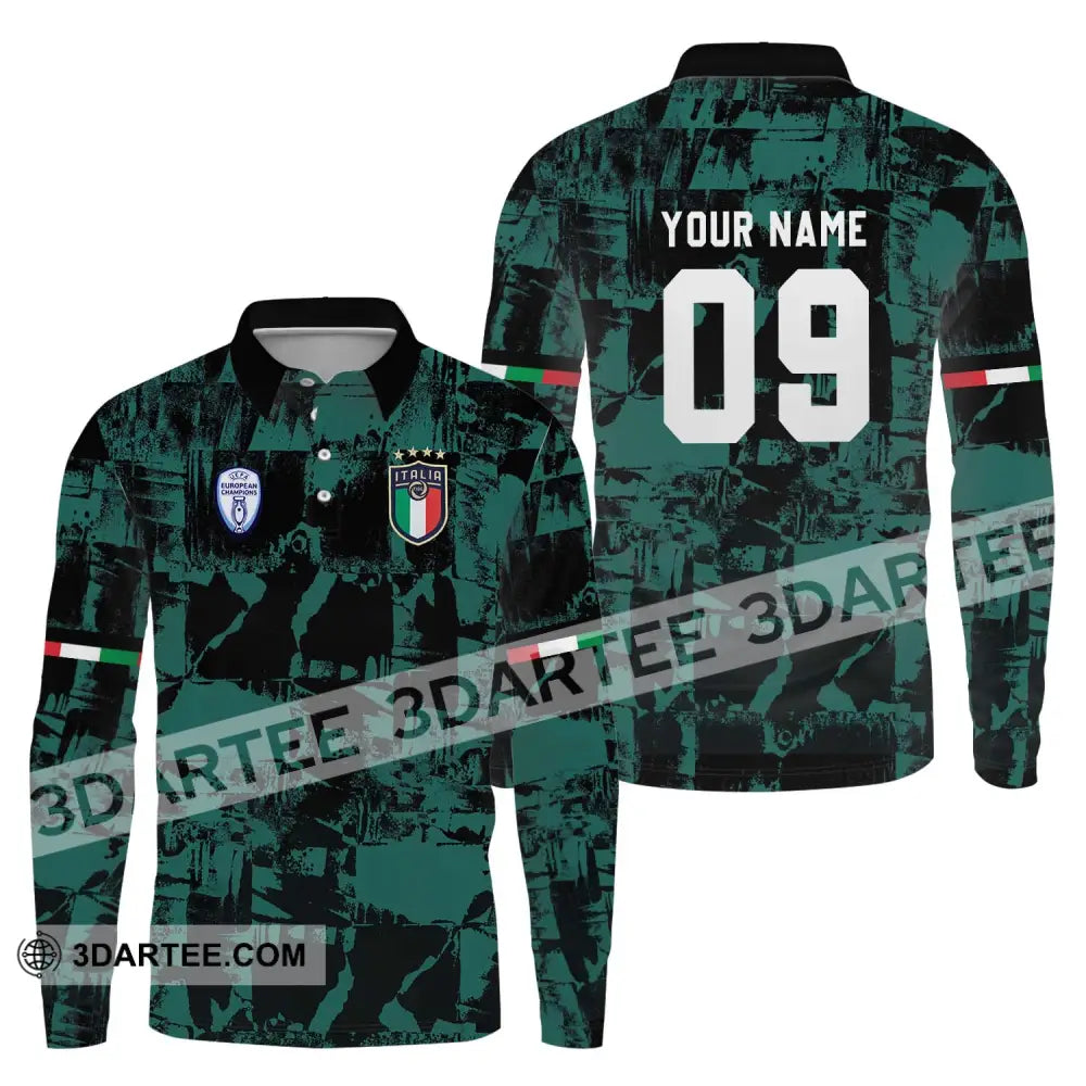 Unisex Shirt - Custom Name And Number Euro 2024 Italy National Team Black Green Long Sleeve Polo /