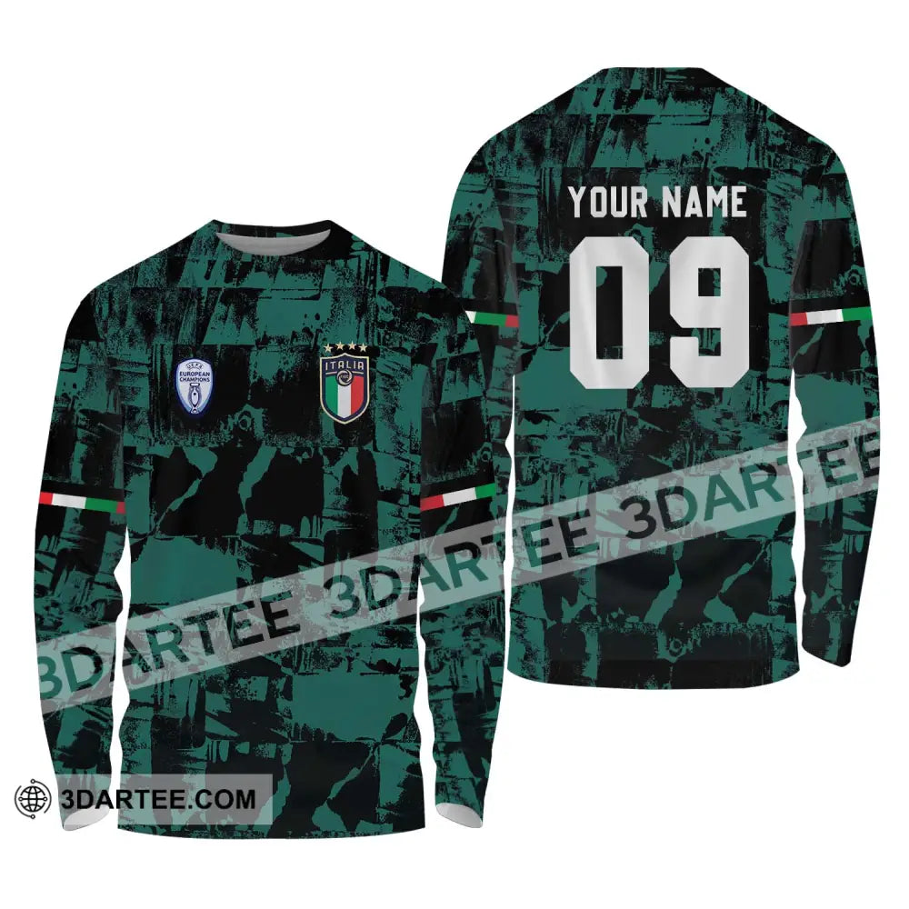 Unisex Shirt - Custom Name And Number Euro 2024 Italy National Team Black Green Long Sleeve / S