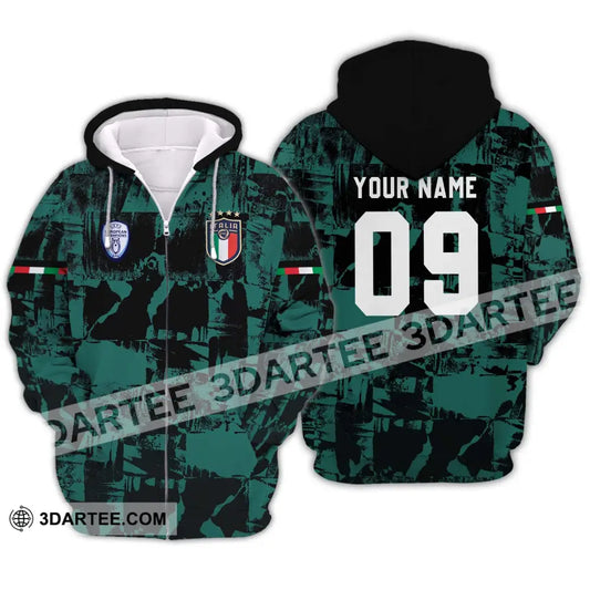 Unisex Shirt - Custom Name And Number Euro 2024 Italy National Team Black Green Zipper Hoodie / S