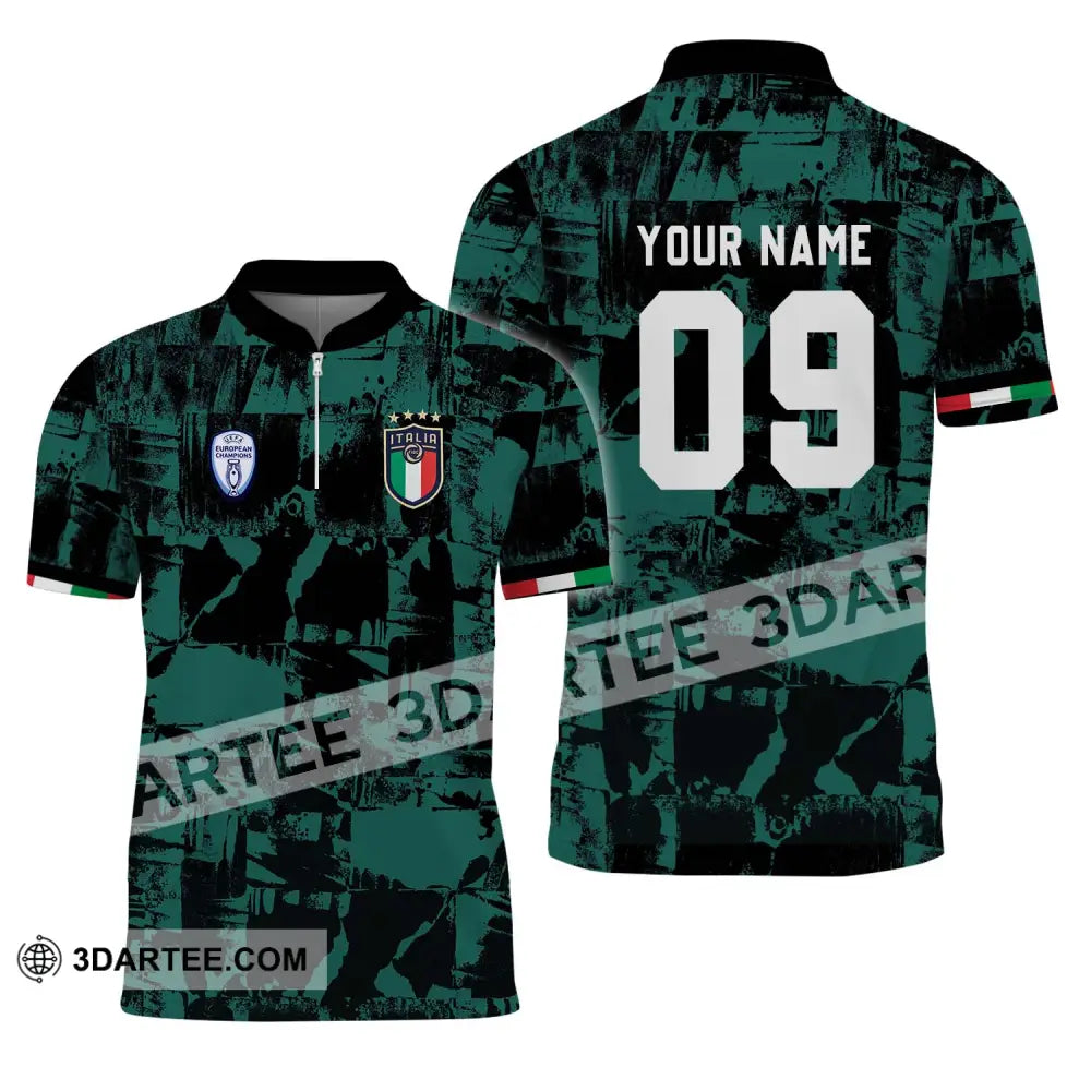 Unisex Shirt - Custom Name And Number Euro 2024 Italy National Team Black Green Zipper Polo / S