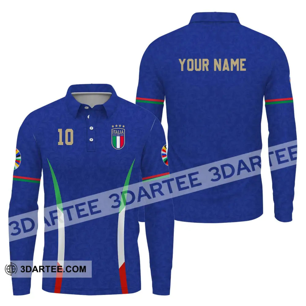 Unisex Shirt - Custom Name And Number Euro 2024 Italy National Team Blue Long Sleeve Polo / S