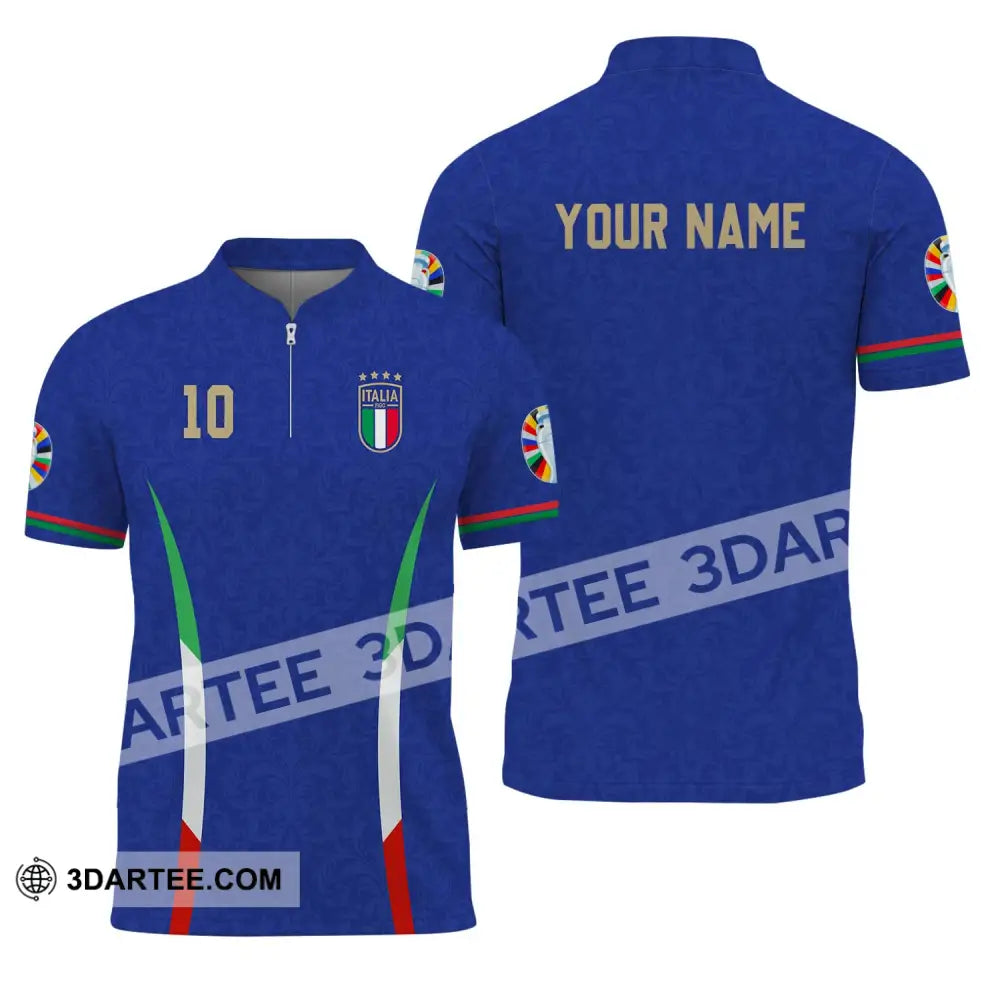 Unisex Shirt - Custom Name And Number Euro 2024 Italy National Team Blue Zipper Polo / S T-Shirt