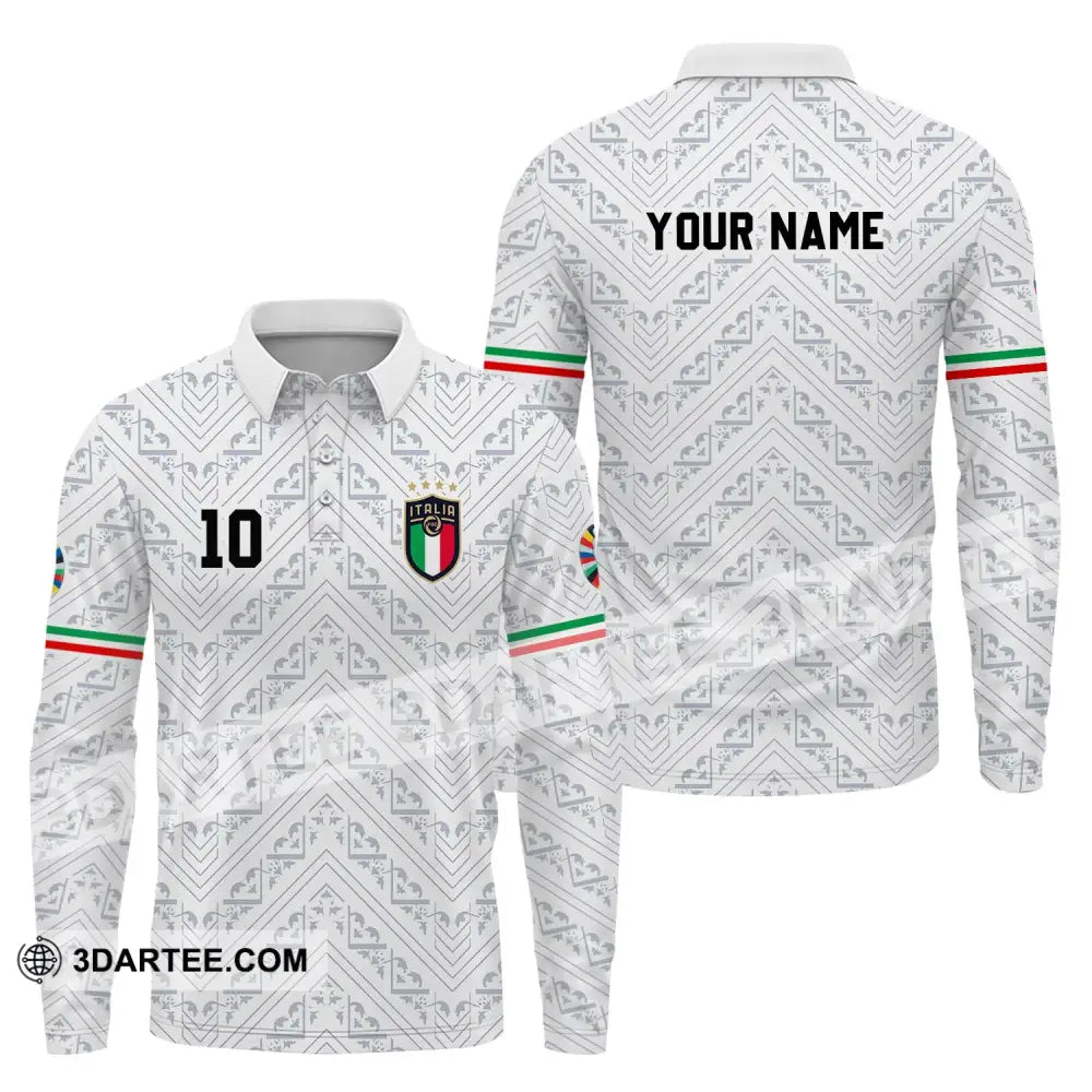 Unisex Shirt - Custom Name And Number Euro 2024 Italy White Line Long Sleeve Polo / S T-Shirt