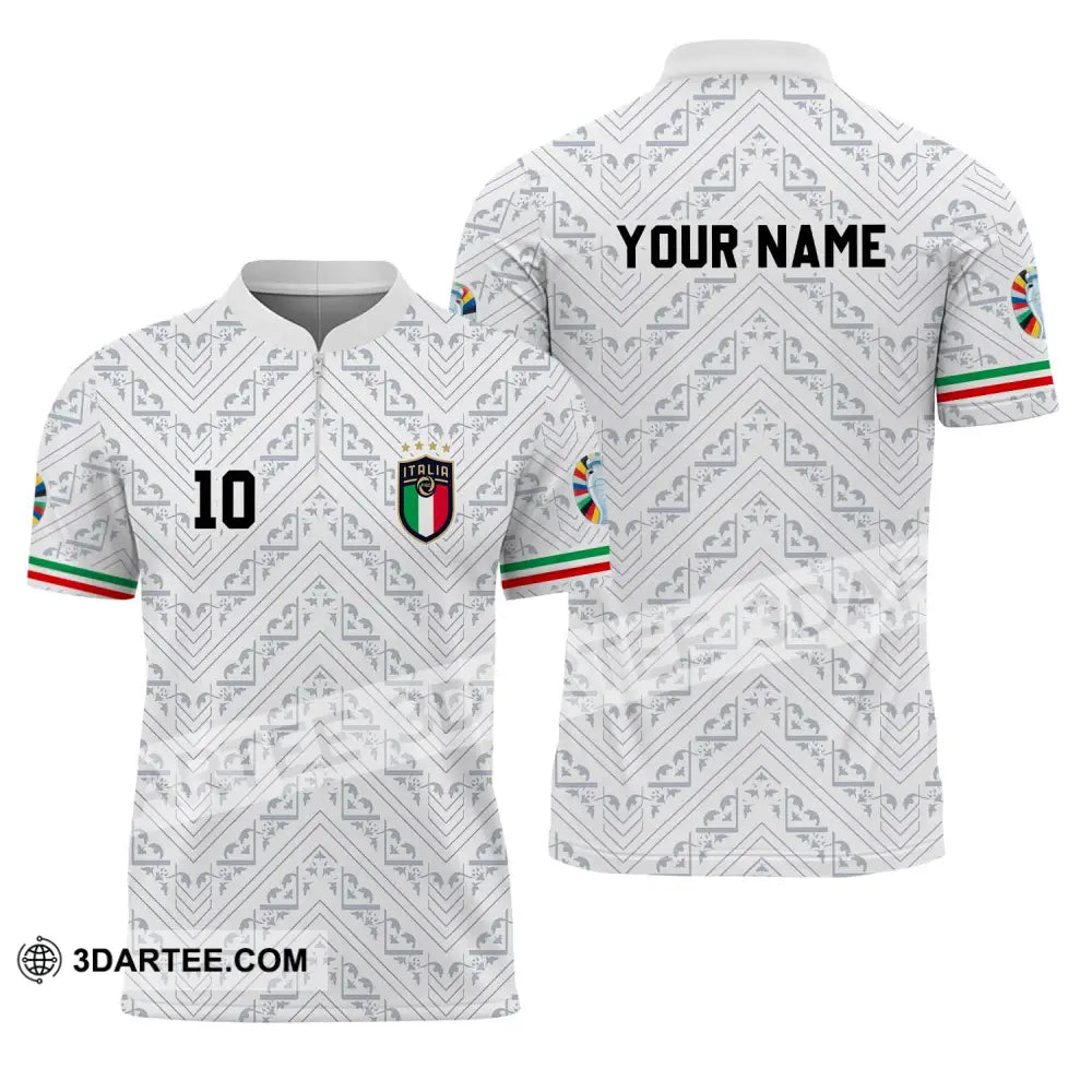 Unisex Shirt - Custom Name And Number Euro 2024 Italy White Line Zipper Polo / S T-Shirt