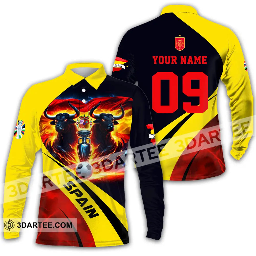 Unisex Shirt - Custom Name And Number Euro 2024 National Team Bull Of Spain Long Sleeve Polo / S