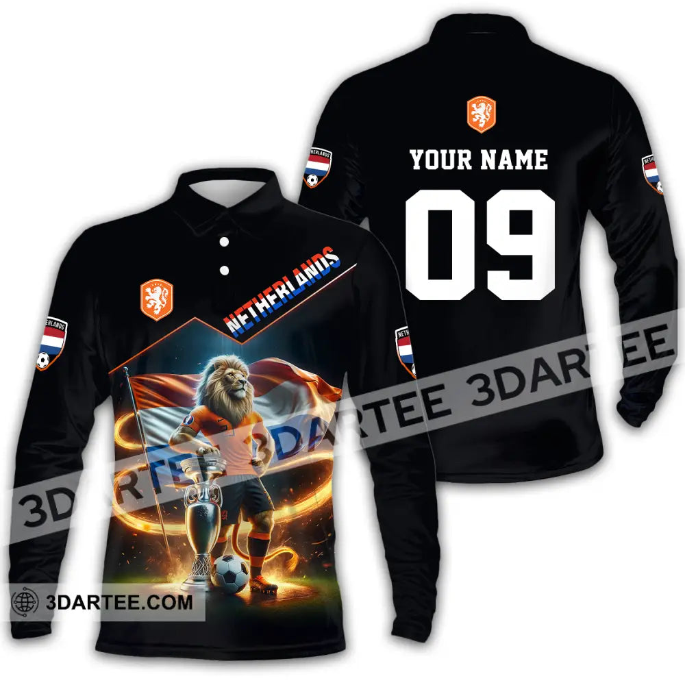 Unisex Shirt - Custom Name And Number Euro 2024 National Team Netherlands Lion Long Sleeve Polo / S