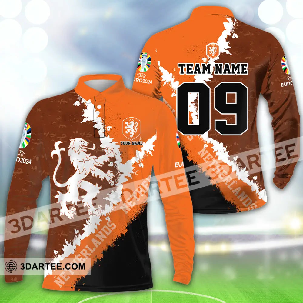 Unisex Shirt - Custom Name And Number Euro 2024 National Team Netherlands Long Sleeve Polo / S