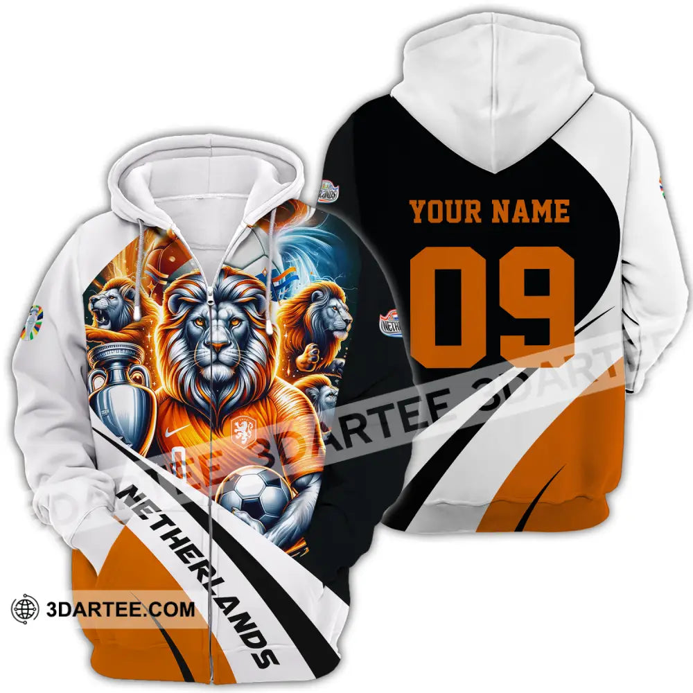 Unisex Shirt - Custom Name And Number Euro 2024 National Team Orange Lion Netherlands Zipper Hoodie