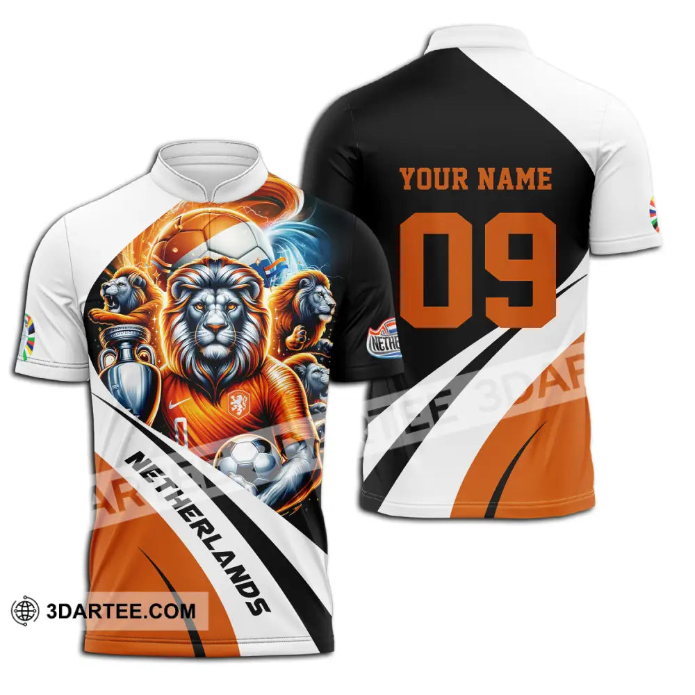 Unisex Shirt - Custom Name And Number Euro 2024 National Team Orange Lion Netherlands Zipper Polo /