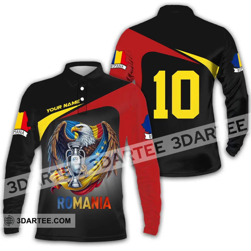 Unisex Shirt - Custom Name And Number Euro 2024 Romania Long Sleeve Polo / S T-Shirt