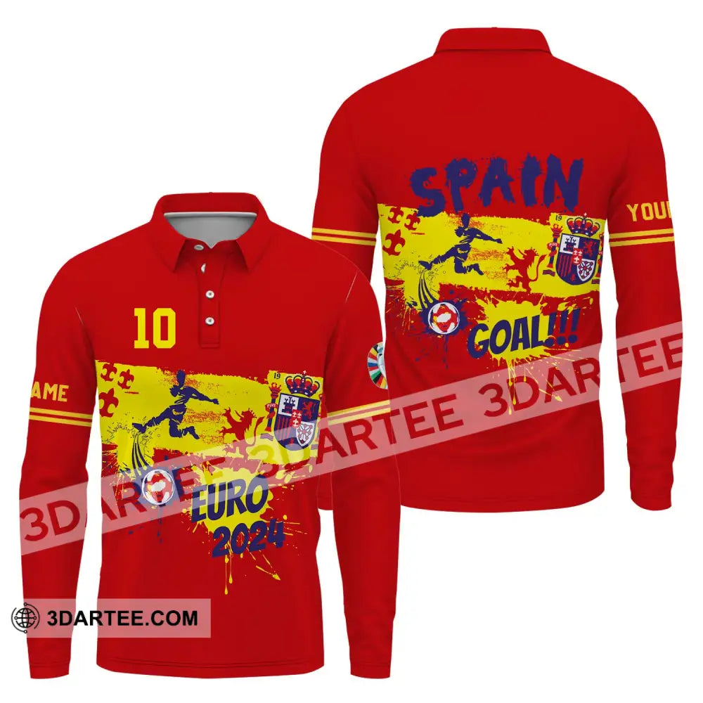 Unisex Shirt - Custom Name And Number Euro 2024 Spain Goal! Long Sleeve Polo / S T-Shirt