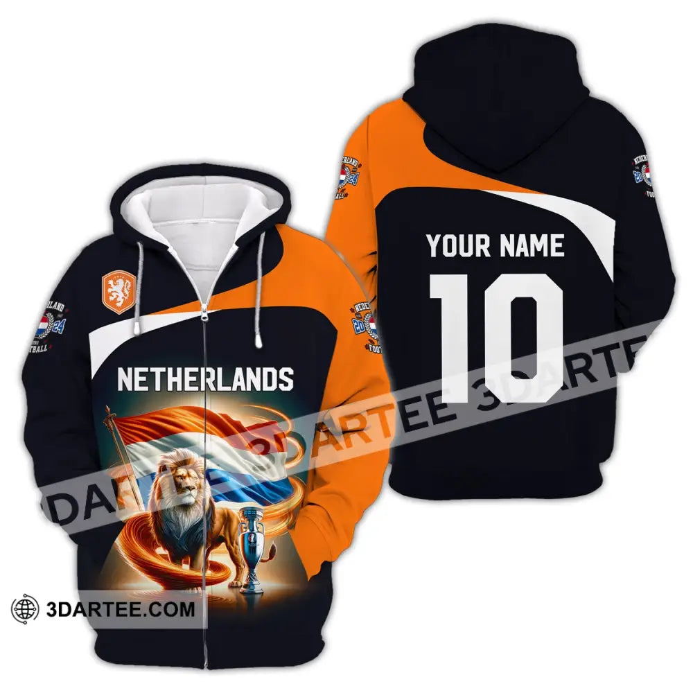 Unisex Shirt Custom Name And Number Football T-Shirt Euro 2024 Netherlands Polo Long Sleeve Zipper